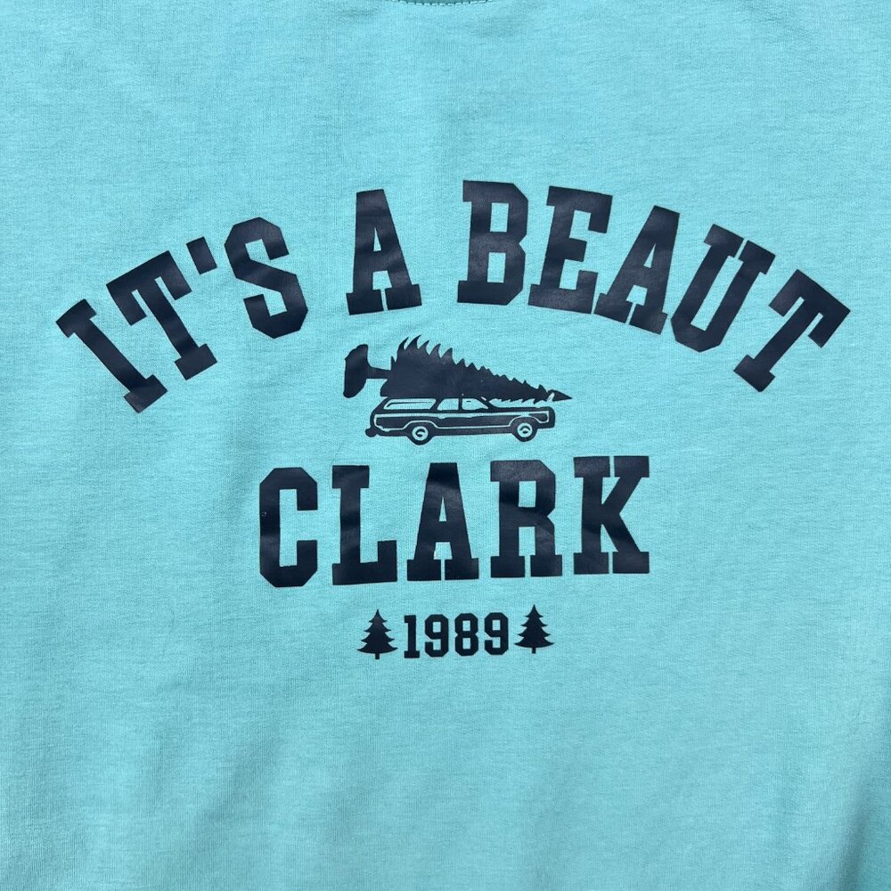 "IT'S A BEAUT CLARK" Christmas Long Sleeve Sweatshirt Teal Size M - Picture 2 of 6